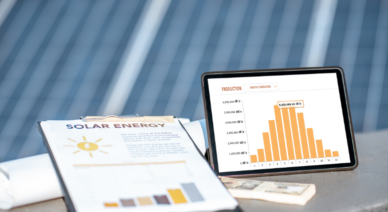 Tablet mostrando gráfico de producción de energía solar junto a un informe impreso sobre energía solar, con paneles solares de fondo.